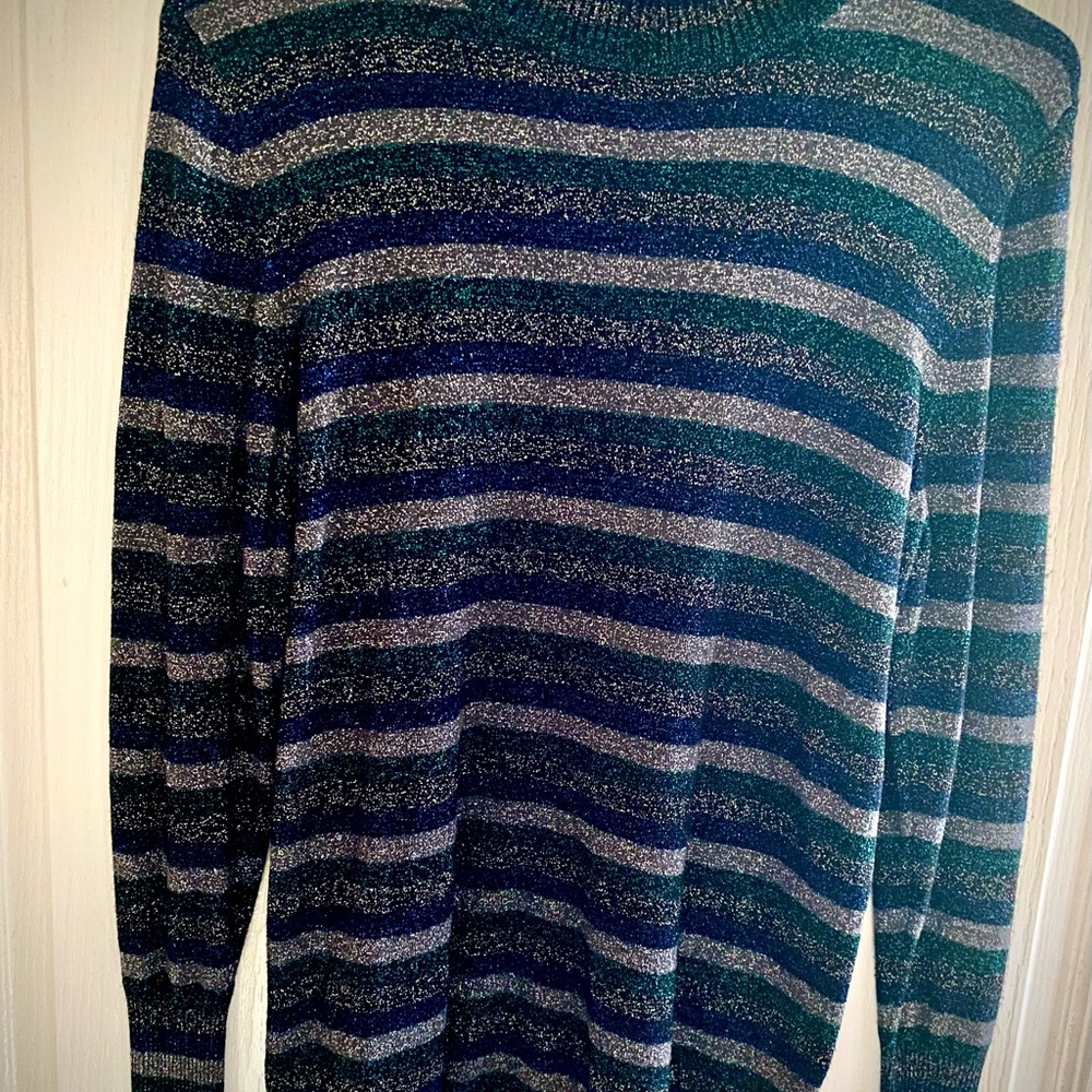 Striped silver ,blue and green woman’s mock neck sweater
